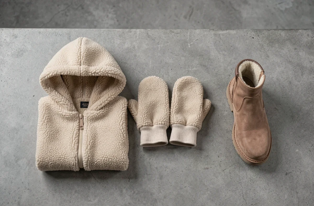 Trio d'accessoires doublés sherpa en flat lay : capuche, moufles et botte courte fourrée sur fond béton gris