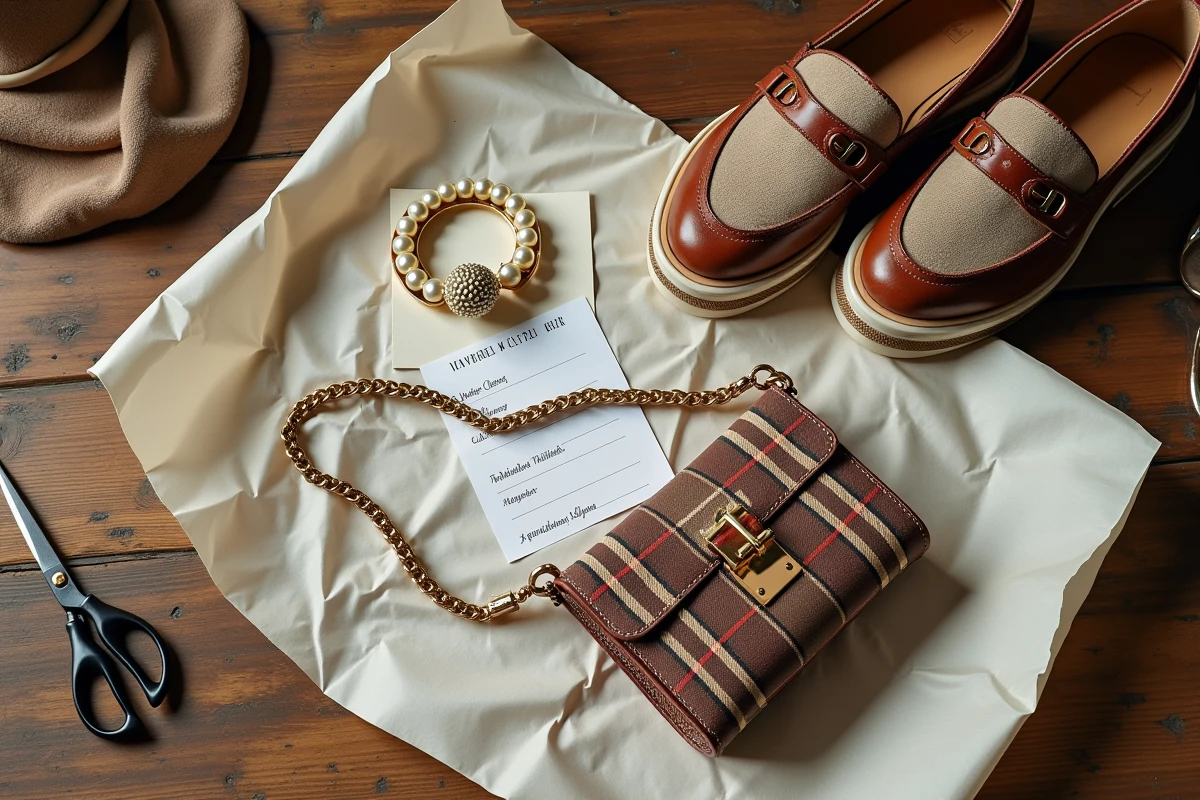 Accessoires signature inspirés de Vivienne Westwood disposés en flat lay, incluant une broche orbe, un collier ras-de-cou et un sac tartan, pour un style couture à petit budget