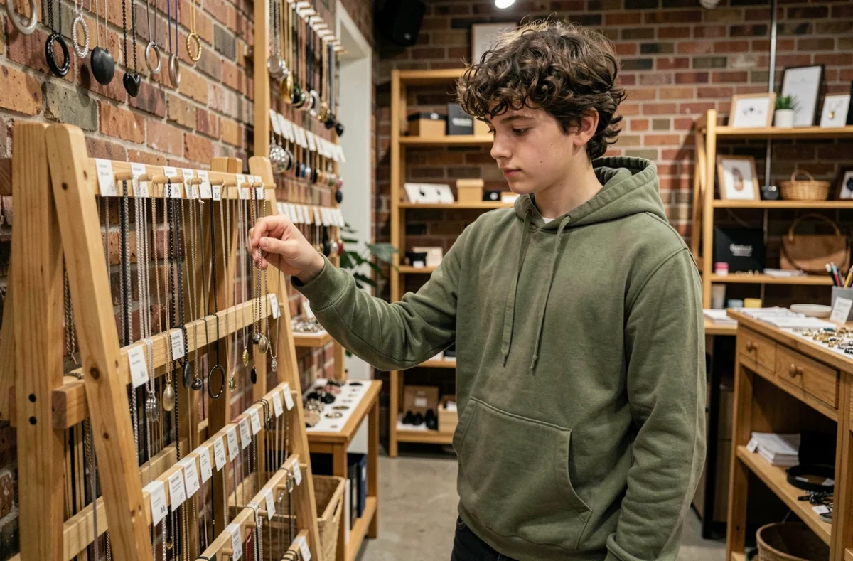Jeune garçon adolescent qui examine des colliers dans une boutique d'accessoires