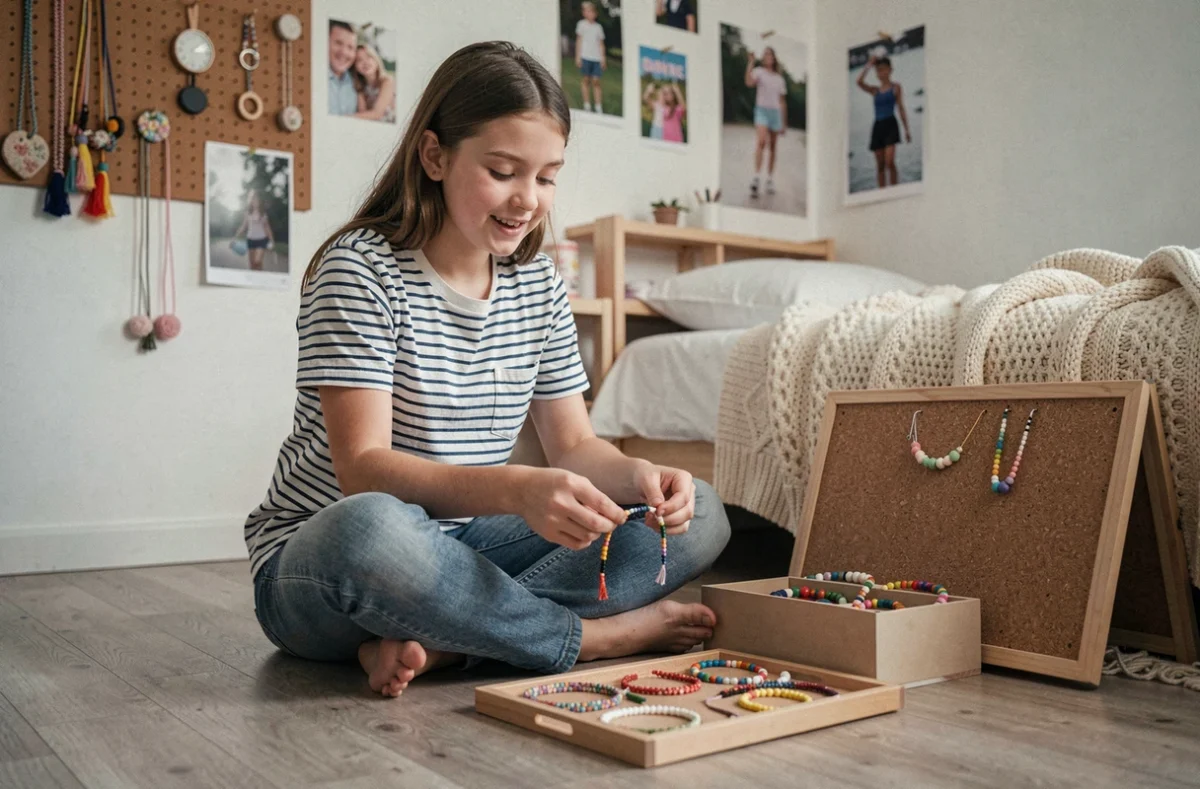 Adolescente comparant des bracelets d'amitié DIY colorés dans sa chambre avec un organisateur de perles
