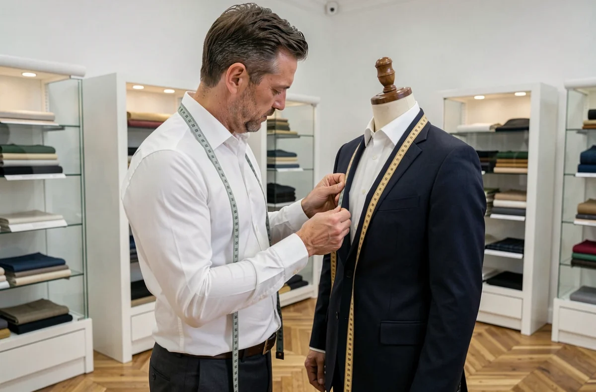 Tailleur professionnel ajustant un costume sur mesure bleu marine dans son atelier à Strasbourg