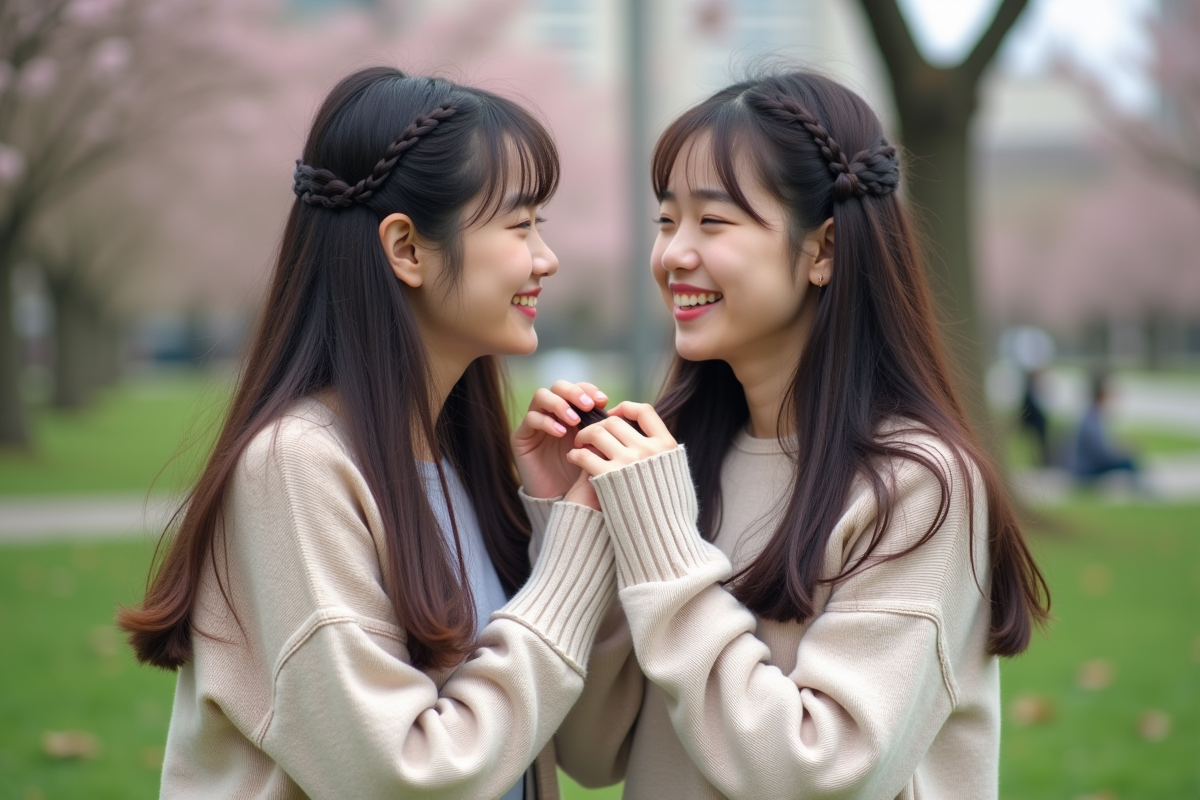 Deux amies coreennes se coiffant dans un parc au printemps