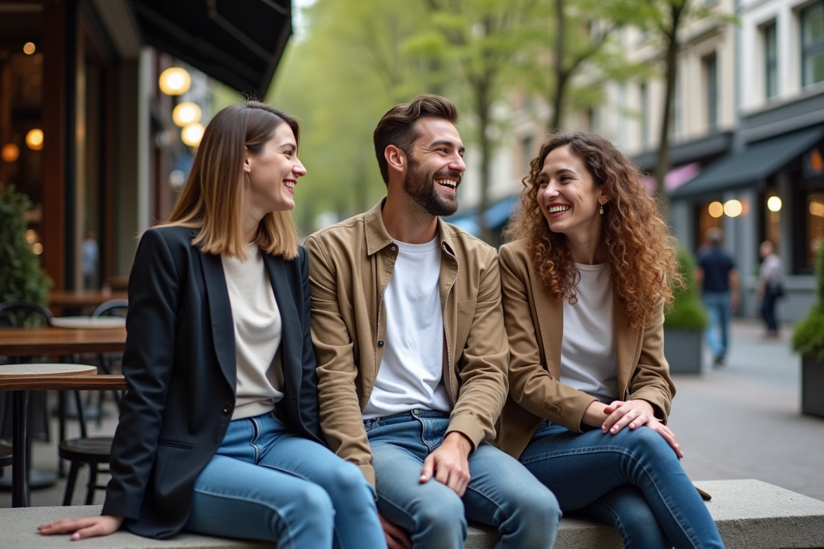 Groupe d amis souriants dans un cafe en ville