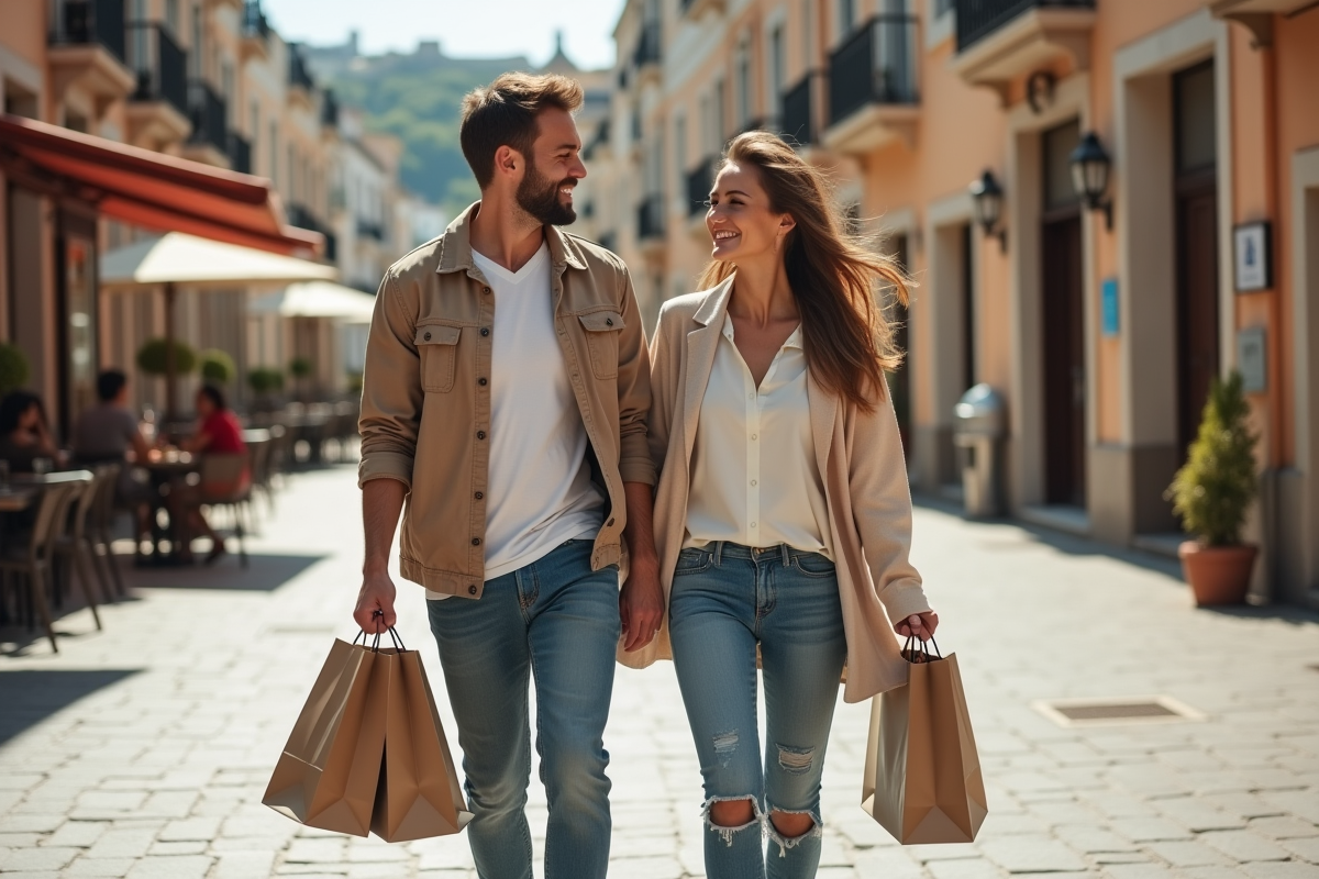 Deux amis souriants avec sacs de shopping en plaza ensoleillee