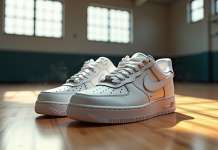 Chaussures Air Force 1 blanches sur sol en bois de gym
