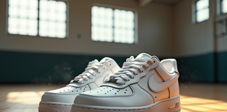 Chaussures Air Force 1 blanches sur sol en bois de gym