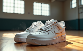 L’histoire des sneakers iconiques : les Air Force 1 pour homme Chaussures Air Force 1 blanches sur sol en bois de gym