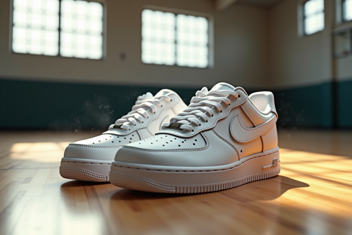 Chaussures Air Force 1 blanches sur sol en bois de gym