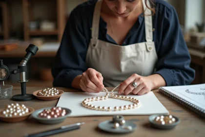 Créatrice de bijoux enfilant des perles de culture sur mesure dans son atelier artisanal