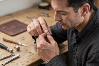 Homme tenant une chevalière en argent gravée personnalisée dans un atelier de bijouterie artisanale