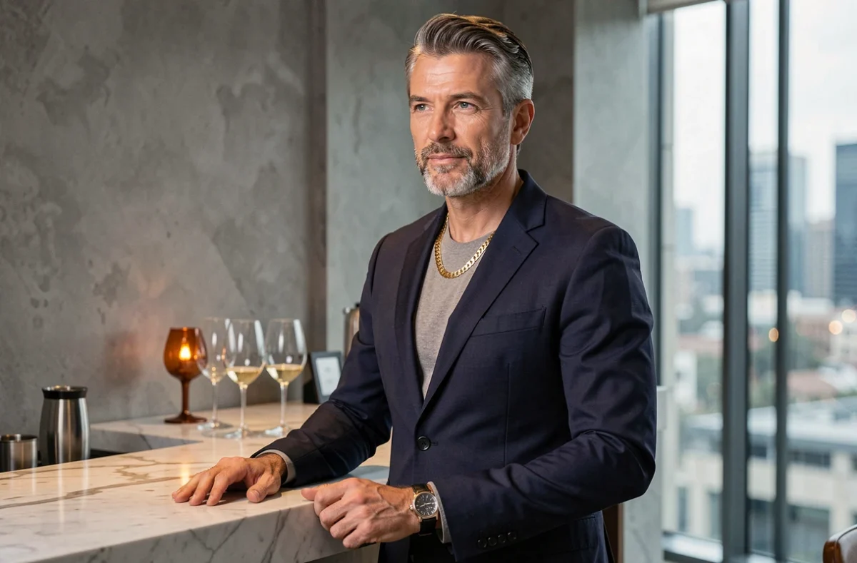 Homme élégant portant une chaîne en or personnalisée et un bracelet en cuir dans un intérieur moderne