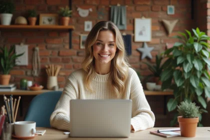Femme entrepreneur travaillant sur son blog créatif depuis son bureau à domicile, entourée de matériaux artisanaux et d'un tableau d'inspiration
