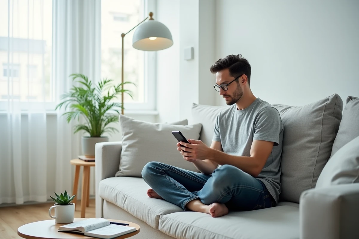 Jeune homme analysant les statistiques de son blog depuis son canapé, avec un cahier de notes et un café, illustration d'un side business en ligne