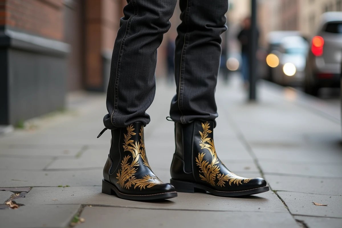 Bottes en cuir noir avec motifs floraux dorés peints à la main portées dans une rue urbaine