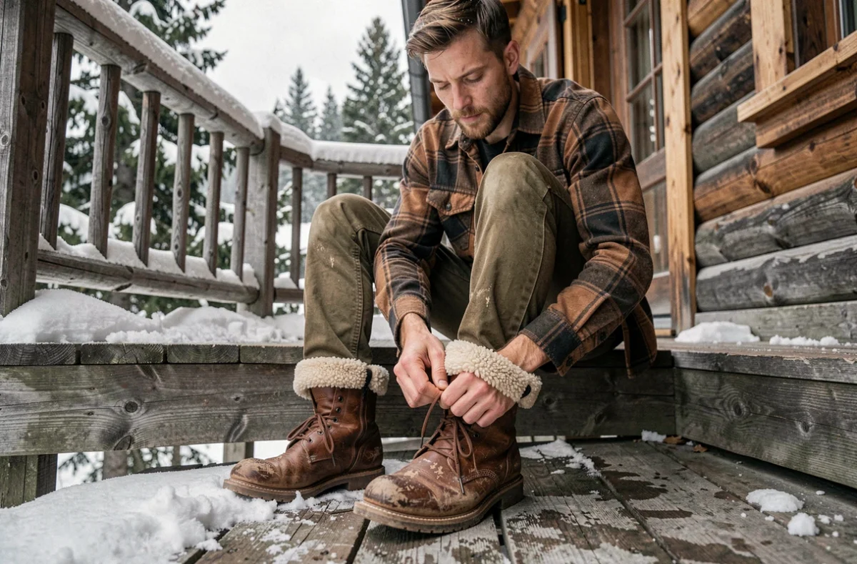Homme lacant ses bottes fourrées sherpa sur le perron enneigé d'un chalet de montagne, gros plan sur les boots