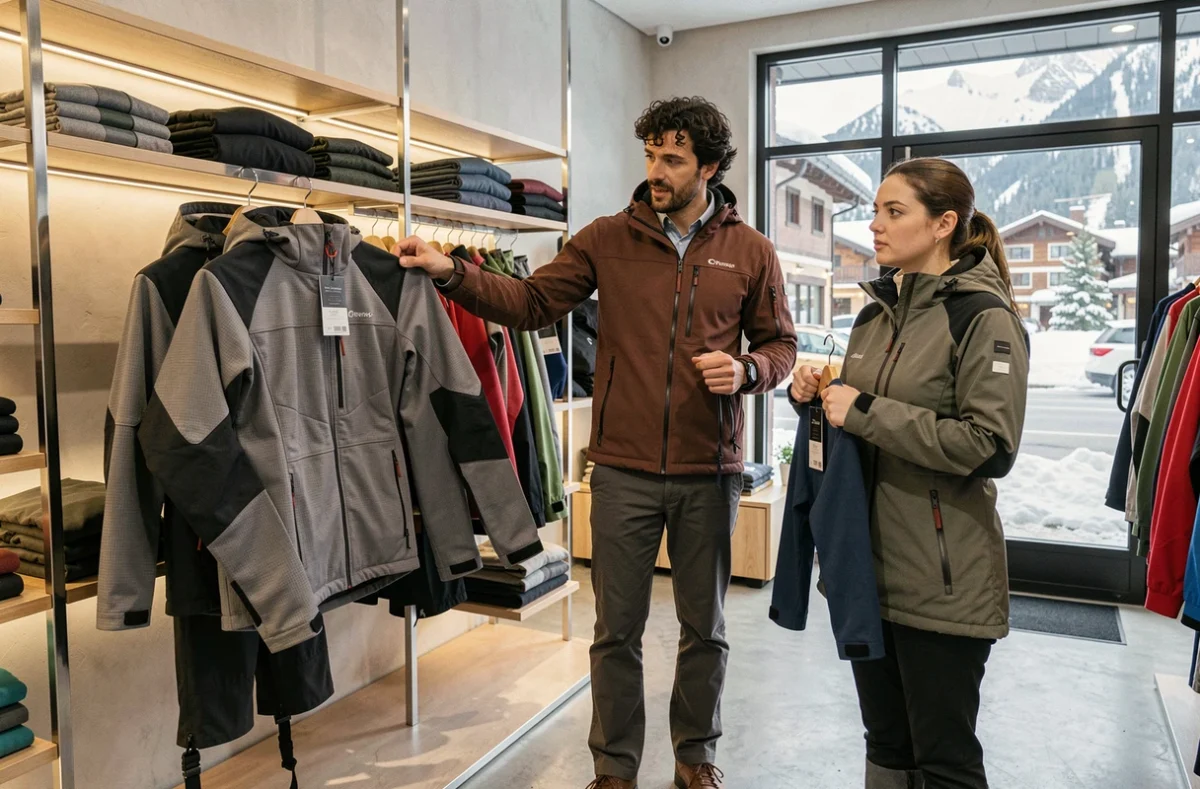 Vendeur conseillant une cliente dans une boutique de vêtements de ski haut de gamme sur le choix de la bonne taille, pour éviter les erreurs de confort fréquentes