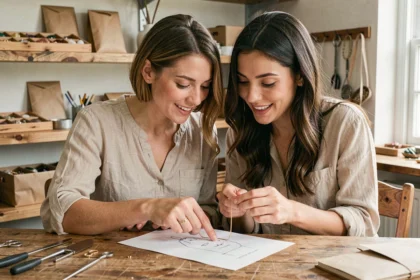 Deux femmes créant ensemble un bracelet personnalisé sur mesure dans un atelier de joaillerie artisanale