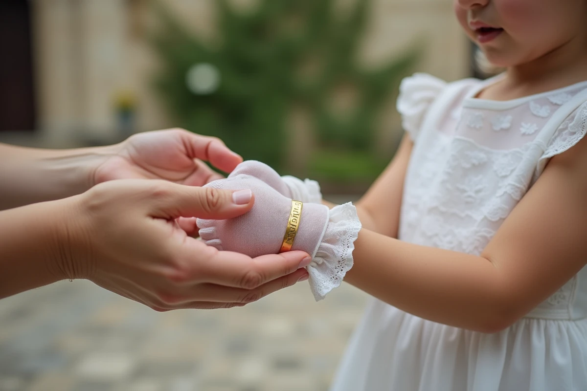 Maman attachant un bracelet en or gravé au prénom au poignet de sa fille lors de sa communion, décor de cour d'église