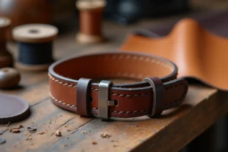 Bracelet de force homme en cuir véritable posé sur un établi d'artisan avec détail des coutures et de la boucle en acier brossé