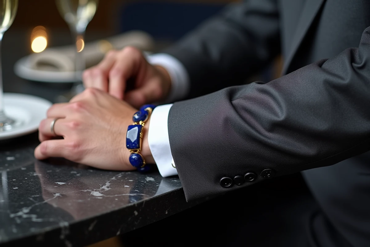 Gros plan d'un bracelet en lapis-lazuli porté avec un costume gris lors d'un dîner de gala