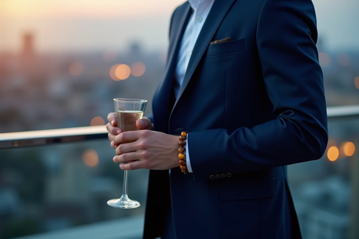 Homme en costume bleu marine avec bracelet en oeil de tigre sur une terrasse rooftop en soirée