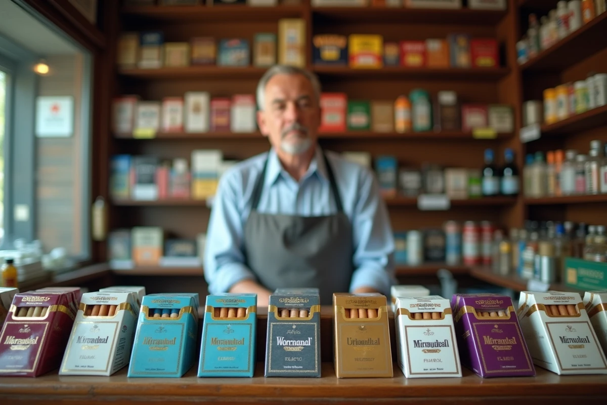 Présentoir de bureau de tabac avec cigarettes Vogue en différentes couleurs symbolisant les variantes de filtres et taux de goudron
