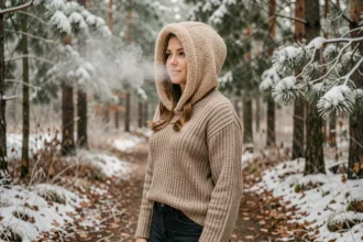 Femme portant une capuche doublée sherpa en forêt hivernale, texture polaire bouclée visible au premier plan