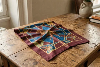 Carré Hermès en soie plié sur une table en chêne ancien, motif équestre en bordeaux, bleu cobalt et ocre doré avec bords roulés à la main visibles