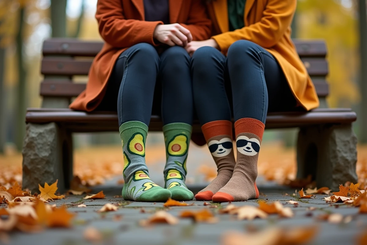 Deux femmes comparant leurs chaussettes fantaisie humoristiques à motifs avocats et paresseux sur un banc en automne