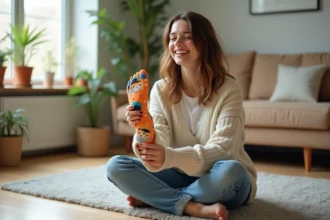 Femme souriante montrant ses chaussettes humoristiques à motifs chats colorés dans un appartement scandinave chaleureux