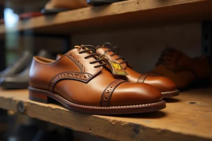 Chaussures en cuir naturel de style Arche exposées en déstockage dans une boutique avec étiquettes de remise