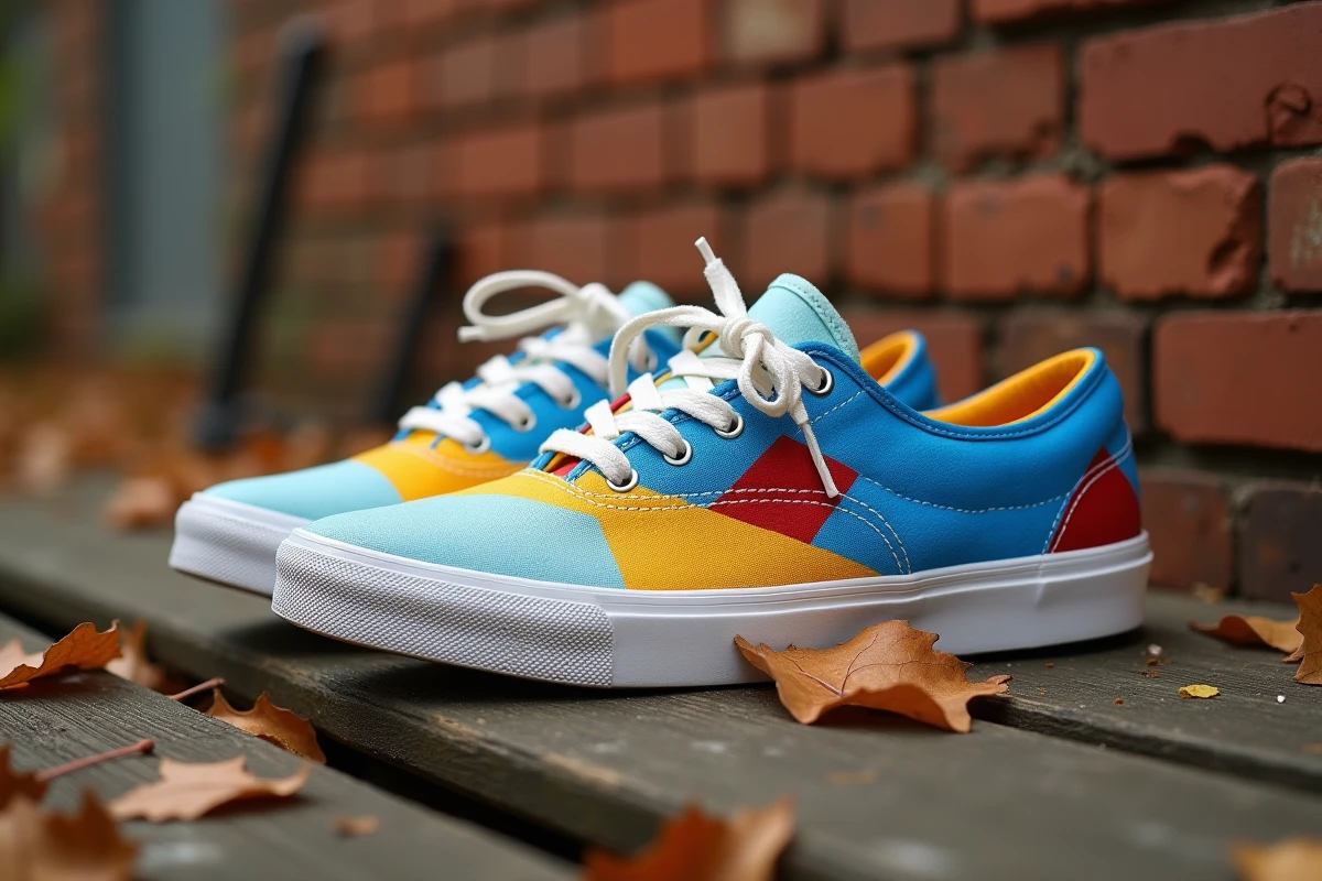 Chaussures en toile peintes à la main avec des motifs géométriques colorés posées sur bois patiné