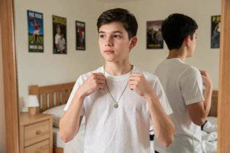 Adolescent garçon qui choisit un collier devant un miroir dans sa chambre