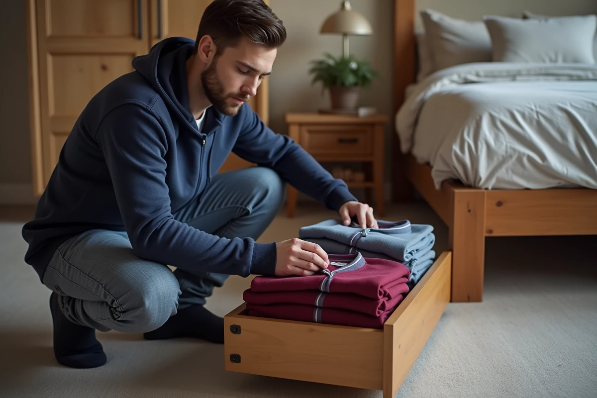 Homme comparant deux pyjamas grenouillères pour homme de couleurs différentes posés sur le sol d'une chambre