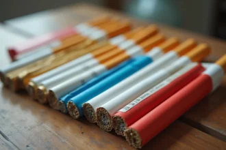 Différentes marques de cigarettes avec filtres colorés représentant les variantes Vogue, illustrant les codes couleur liés au taux de goudron