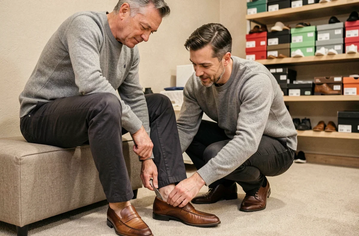 Client essayant des chaussures Sursell assis sur un banc dans une boutique physique avec l'aide d'un vendeur