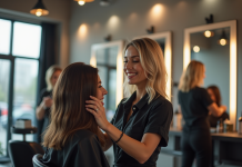 Coiffeur souriant dans un salon lumineux et moderne