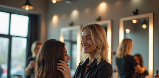 Coiffeur souriant dans un salon lumineux et moderne