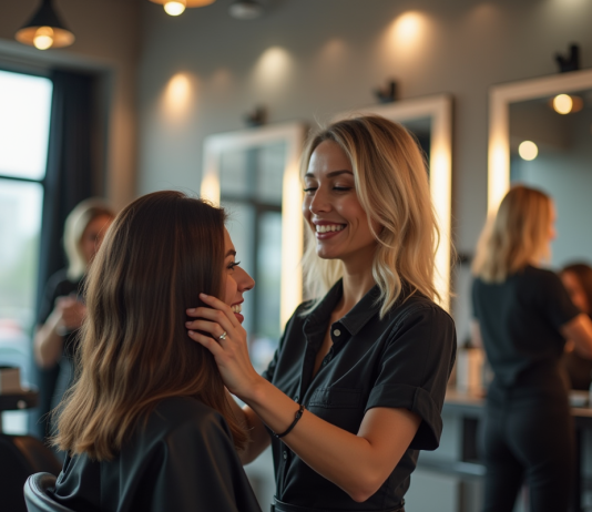 Coiffeur souriant dans un salon lumineux et moderne
