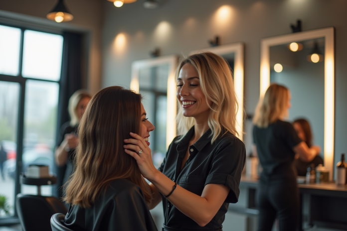 Coiffeur souriant dans un salon lumineux et moderne