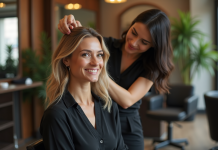 Femme souriante dans un salon de coiffure moderne