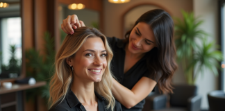 Femme souriante dans un salon de coiffure moderne