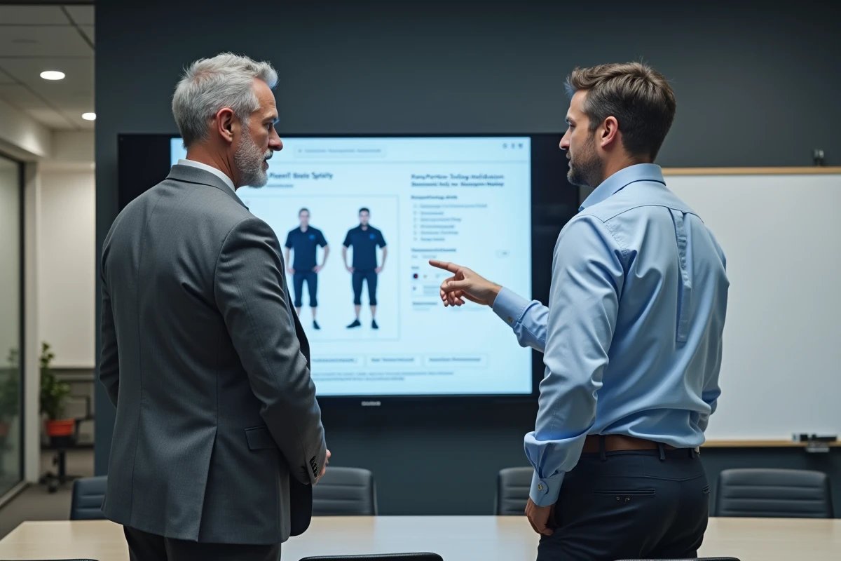 Deux managers discutant devant un grand écran de catalogue