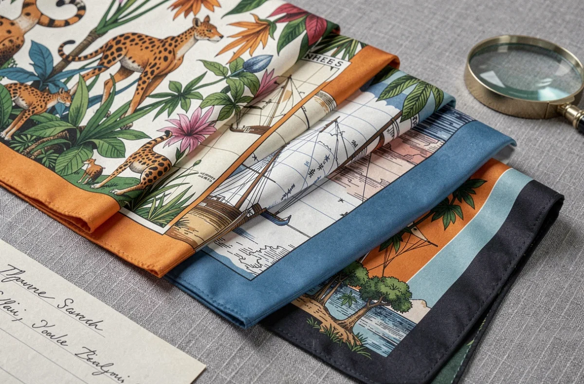 Plusieurs carrés Hermès rares superposés sur lin gris révélant des motifs jungle, nautique et japonais avec loupe et notes d'authentification