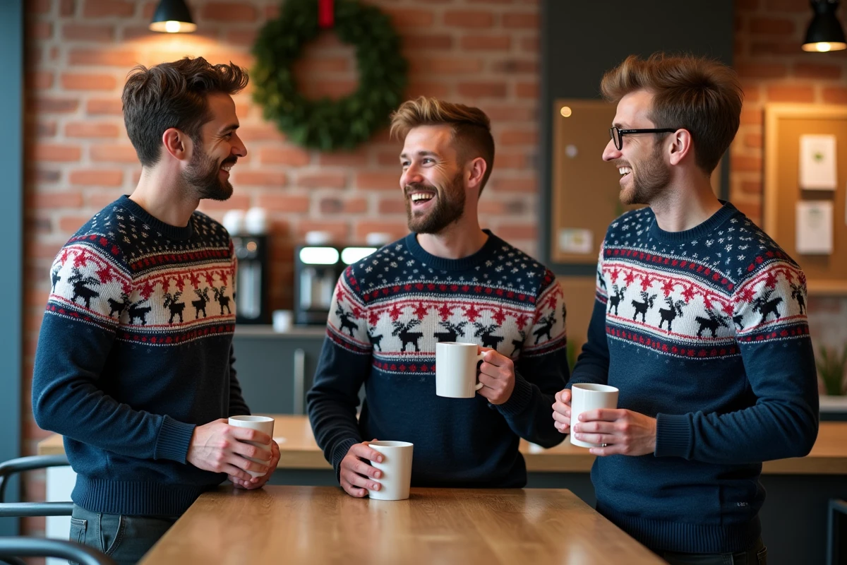 Trois collègues masculins en pulls de Noël personnalisés entreprise discutant autour d'un café dans une salle de pause moderne