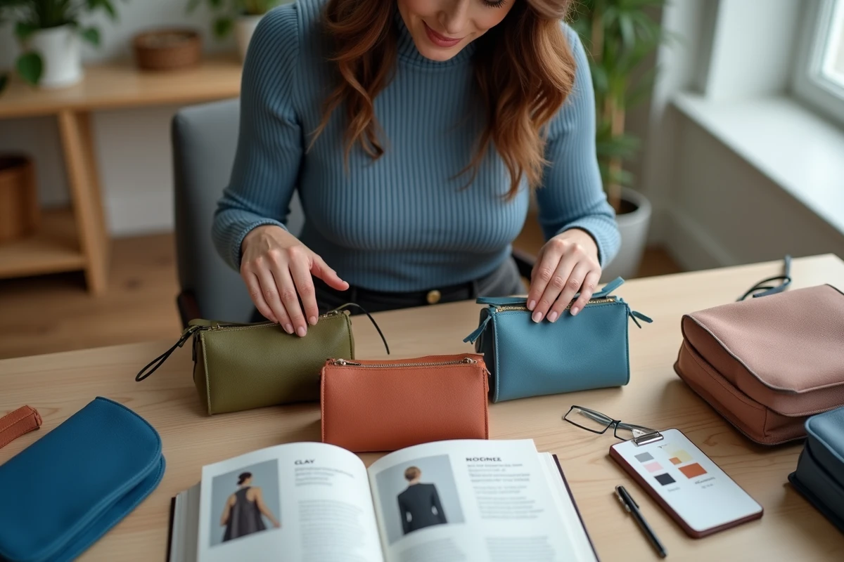 Femme comparant des sacs tendance 2026 en couleurs olive, argile et cobalt sur un bureau de home studio
