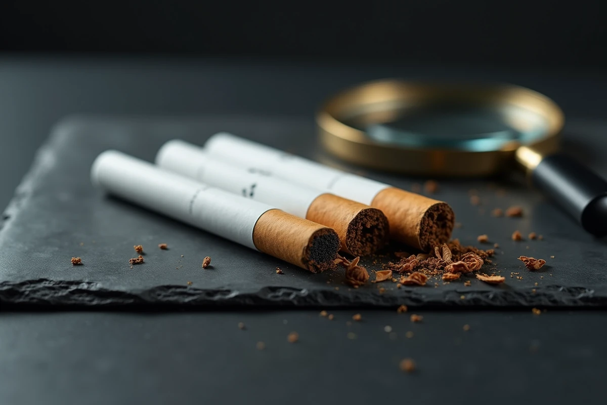 Comparaison de cigarettes avec différents types de filtres posées côte à côte, illustrant les différences de couleur et de composition liées au taux de goudron