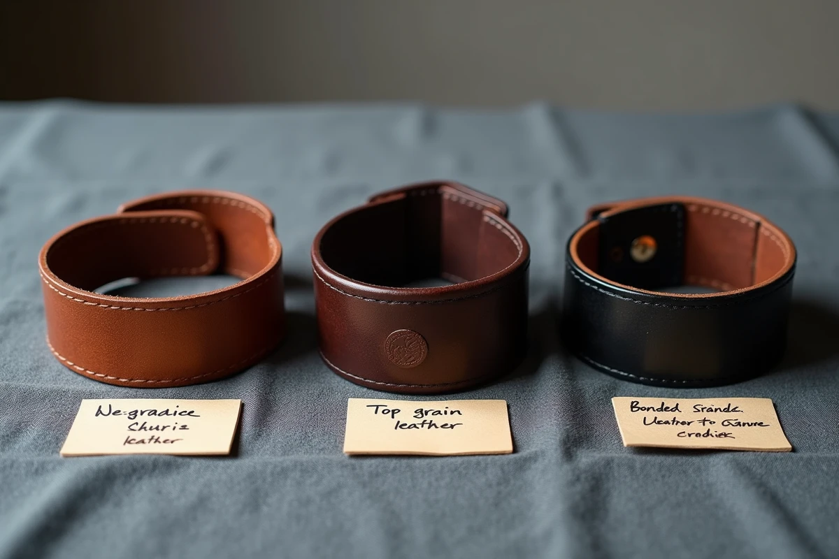 Comparaison de trois bracelets de force en cuir pour homme montrant les différences de qualité entre cuir pleine fleur, fleur corrigée et cuir reconstitué