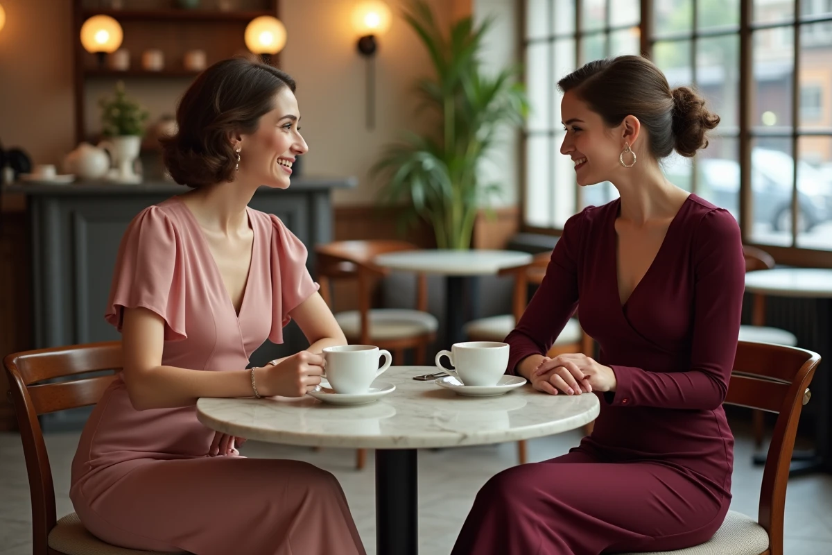 Deux femmes comparant une robe authentique années 30 en crêpe de Chine et une robe moderne inspirée rétro dans un café parisien