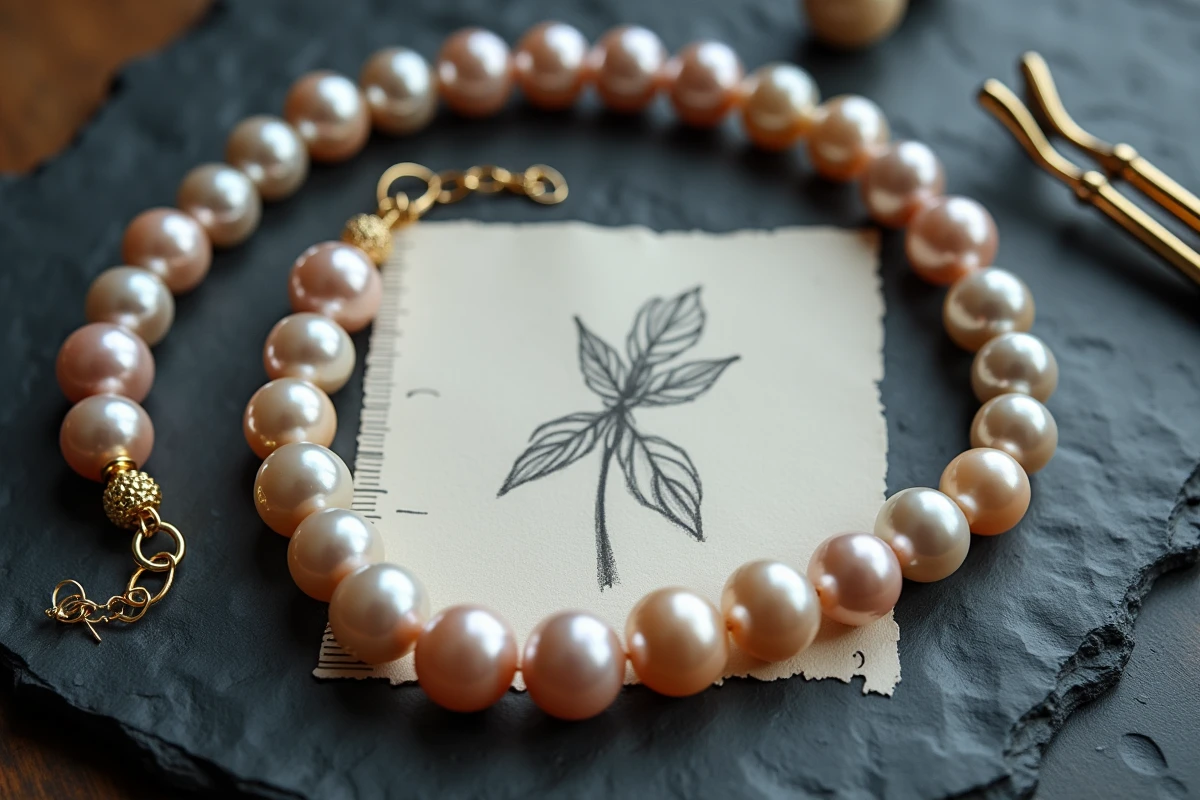 Composition artisanale de perles de culture en cours d'assemblage pour un collier unique sur mesure